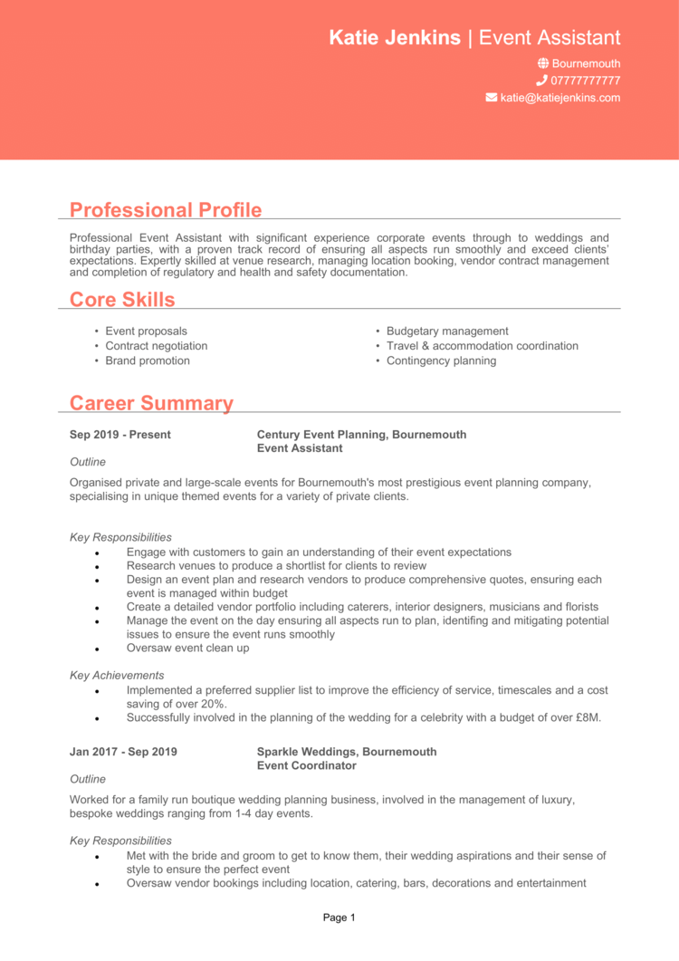 Event Assistant CV example + guide and CV template