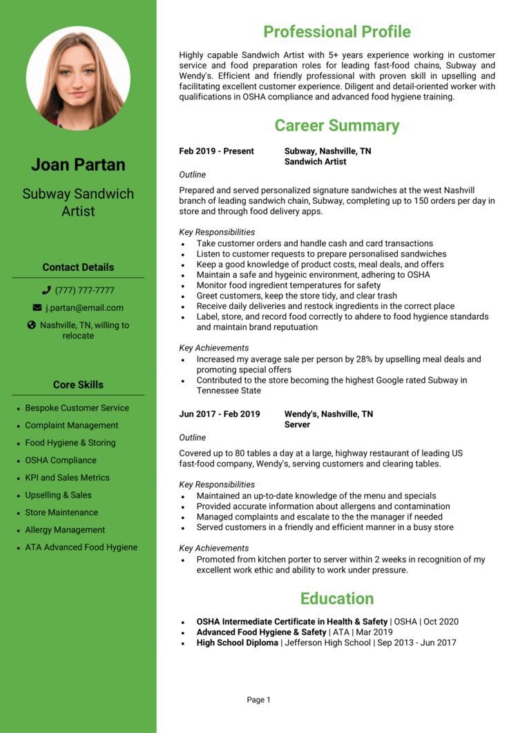 Subway resume example + guide [Get the best jobs]