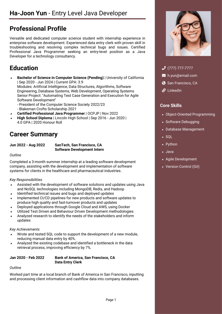 Entry Level Java Developer resume example + guide [Get jobs]