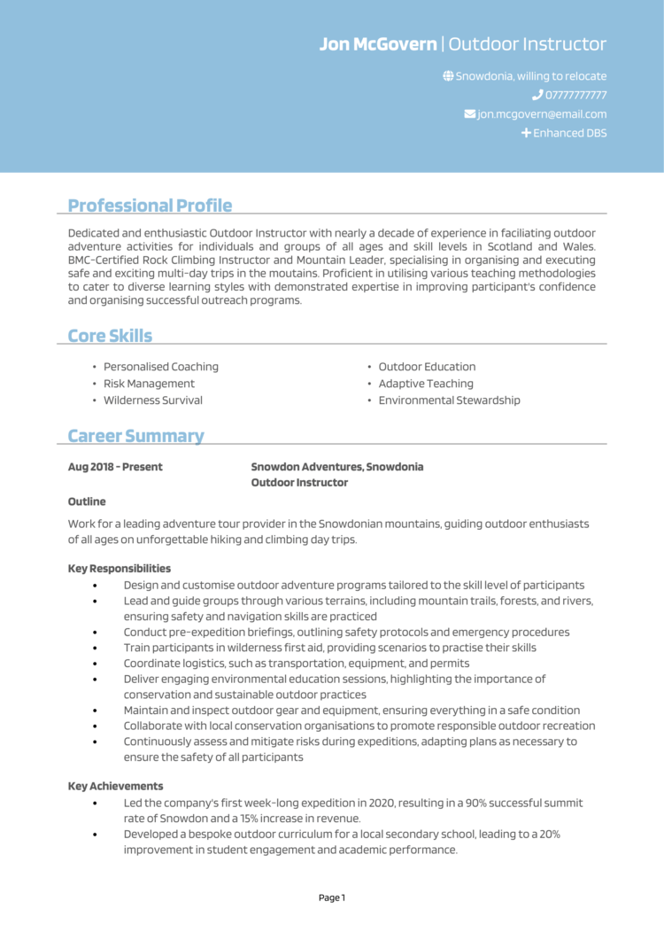 Outdoor Instructor CV example + guide [Land great jobs]