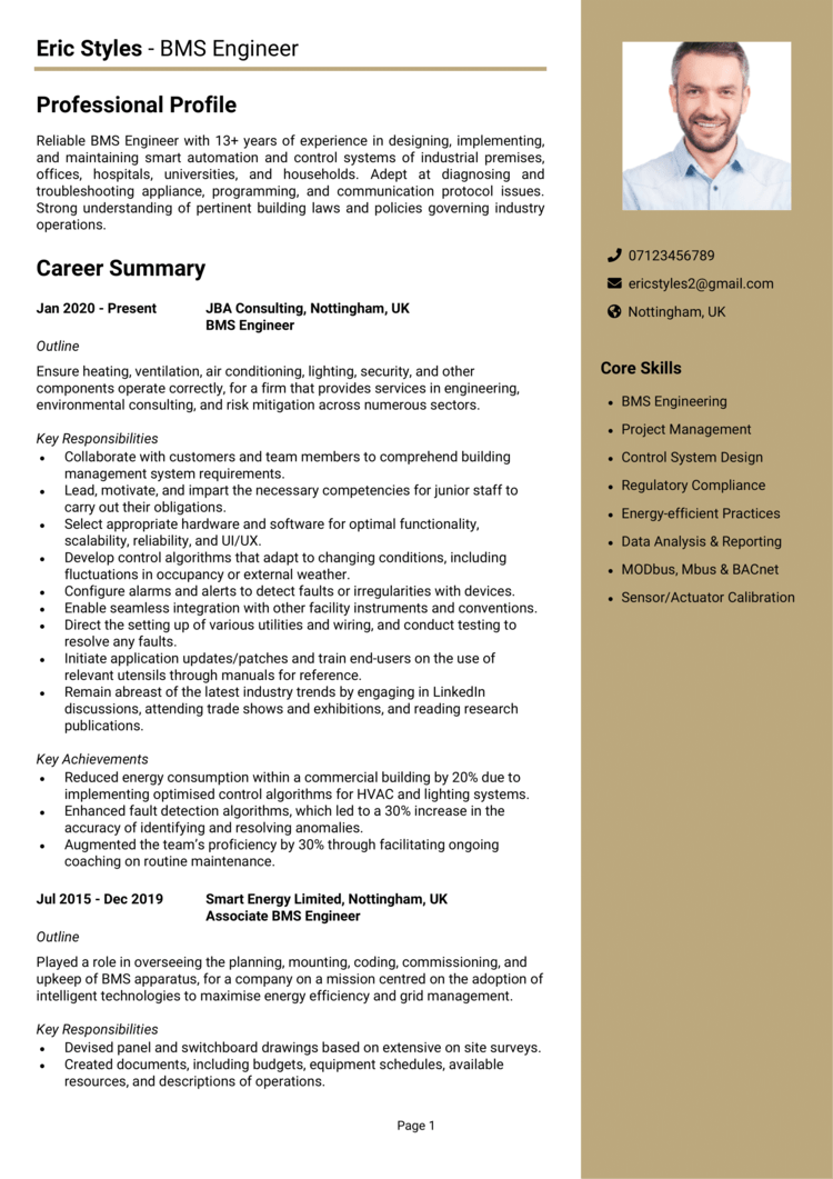 BMS Engineer CV example (Building Management System) + guide