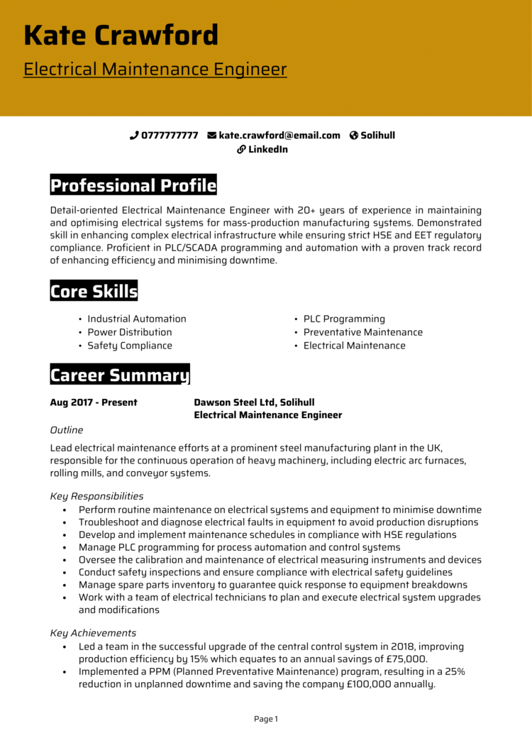 Electrical Maintenance Engineer CV example + guide