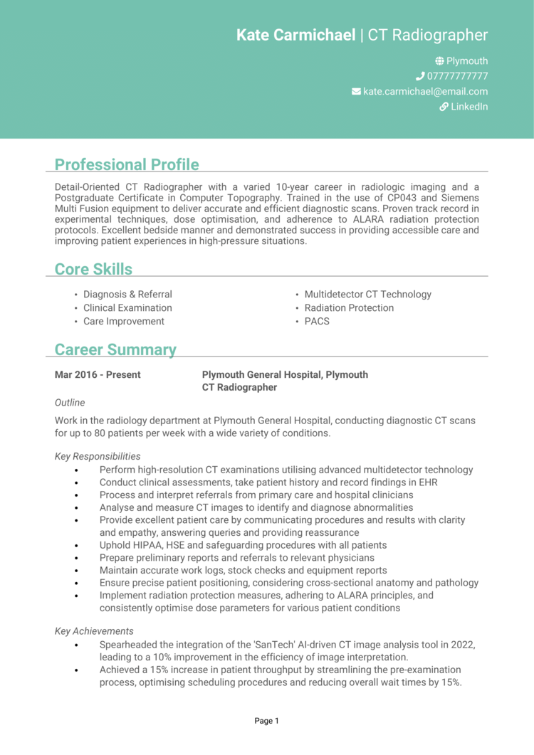 CT Radiographer CV example Tomography) [Get hired]