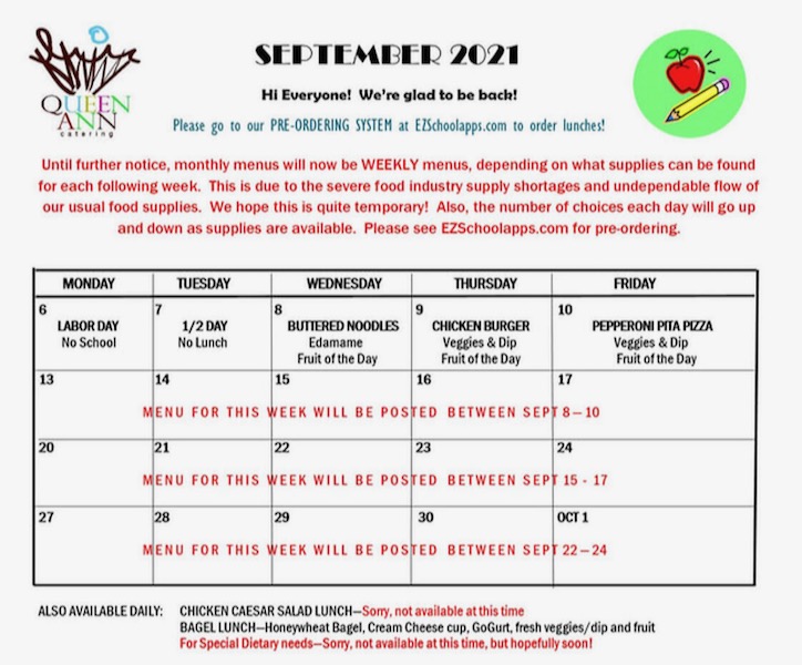 First Week of School Hot Lunch Menu St. Anne School