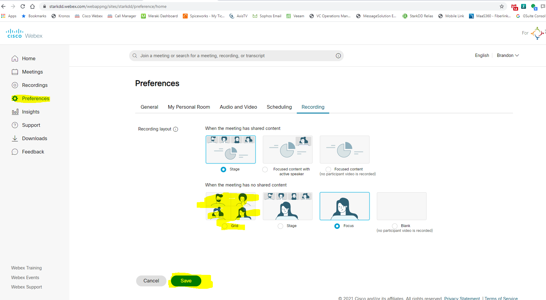 How do I change my recordings in ex from single person view to grid