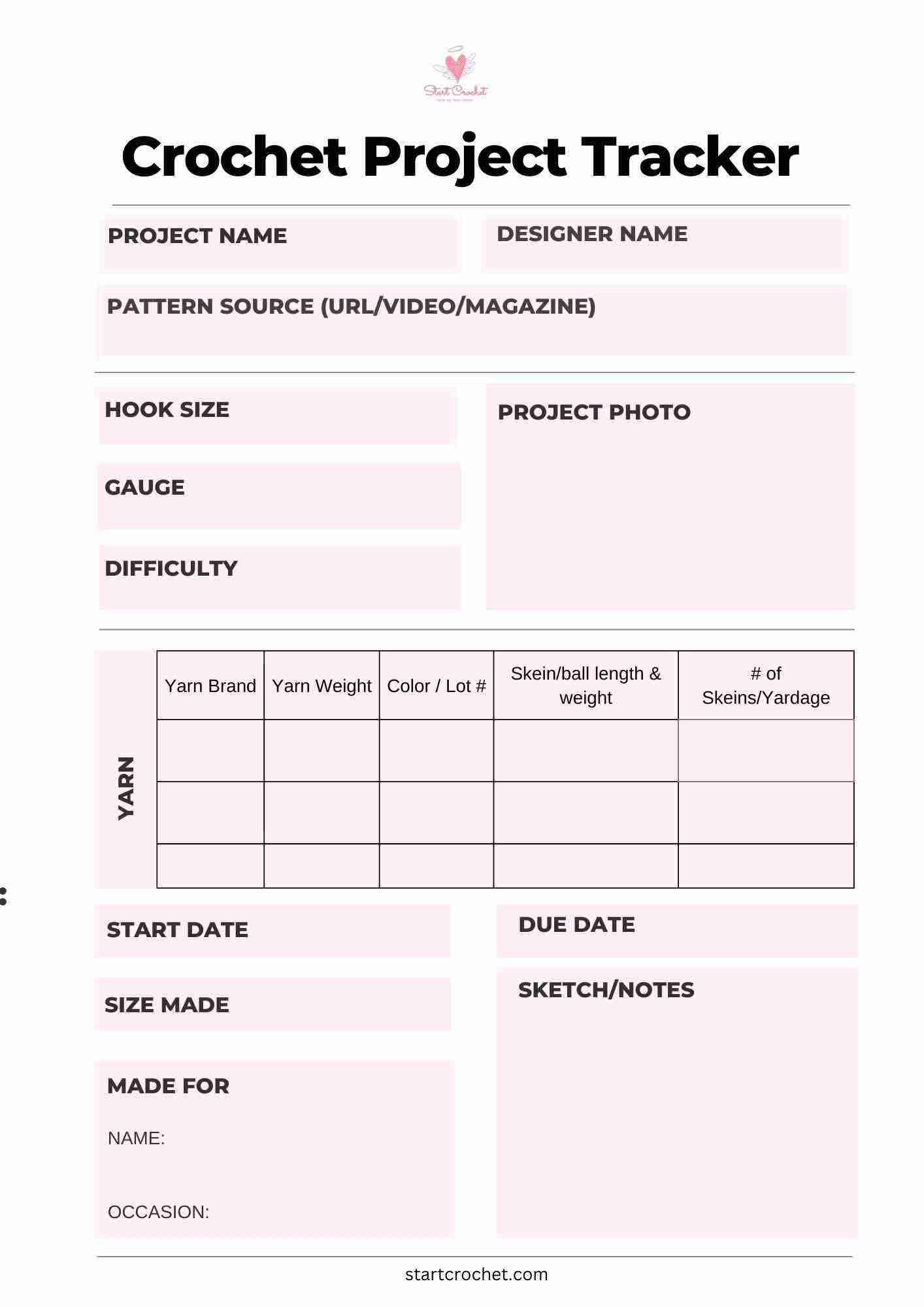 Crochet Project Tracker (Printable PDF) Start Crochet