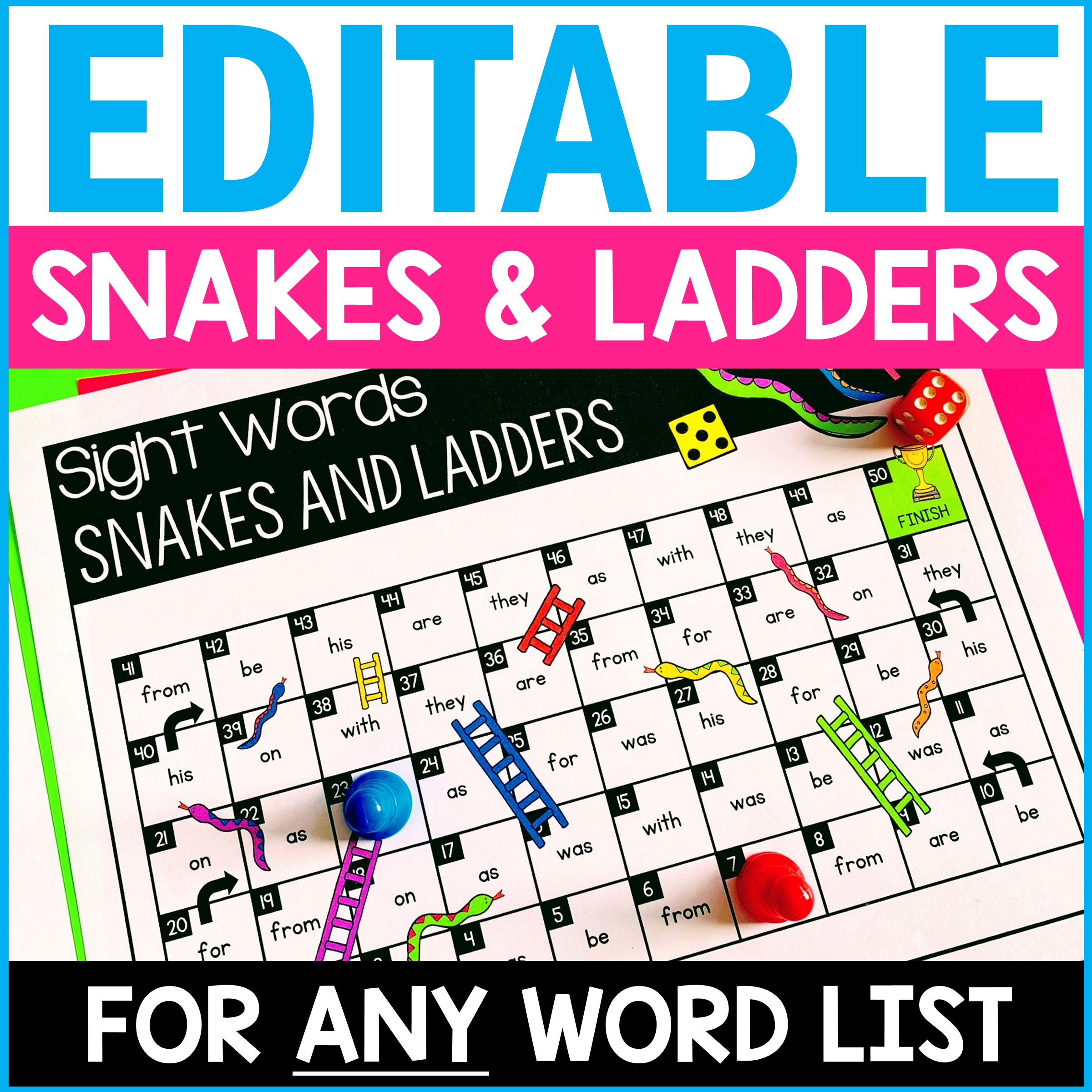 Editable Snakes & Ladders Game Board Sight Words & Phonics Game for