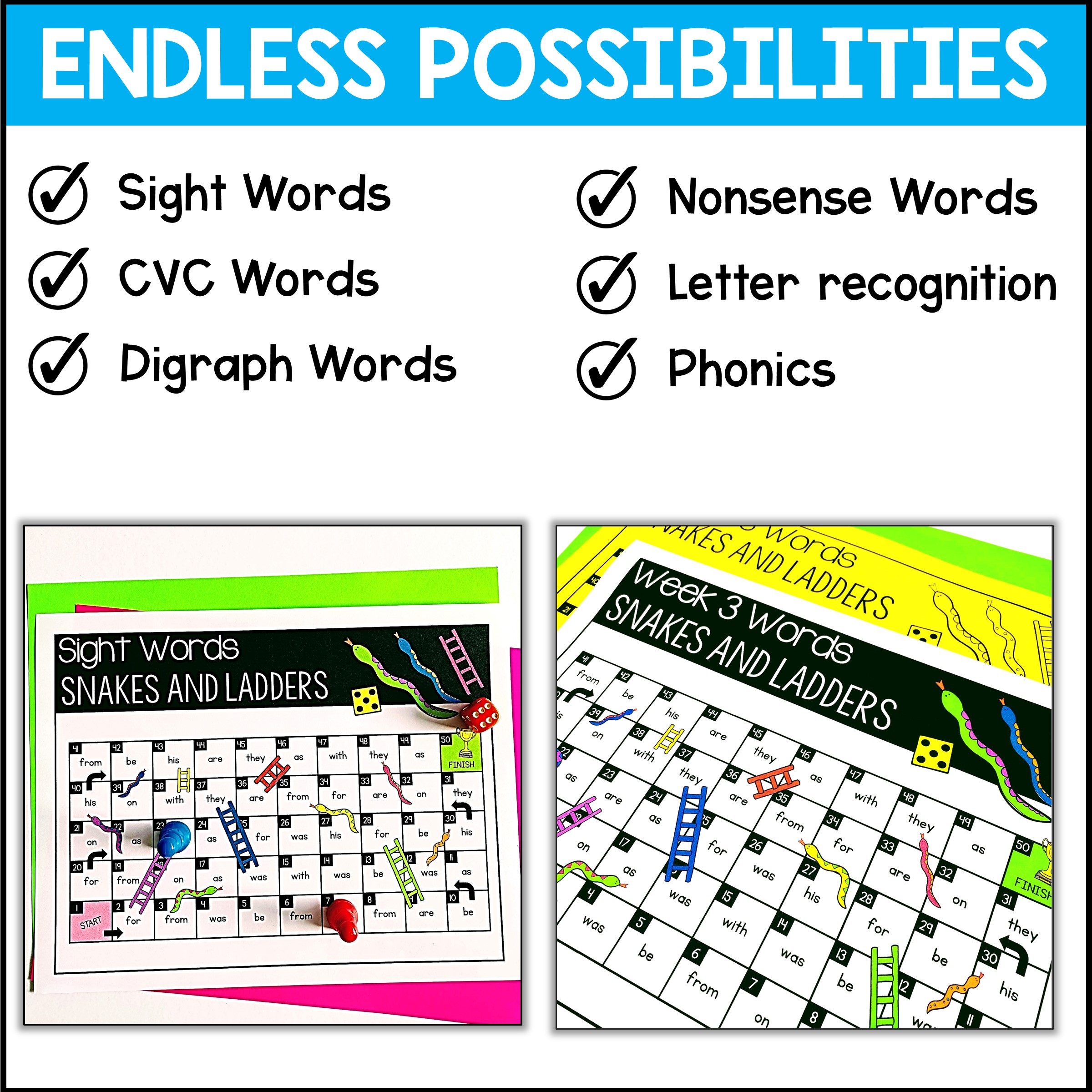 Editable Snakes & Ladders Game Board Sight Words & Phonics Game for