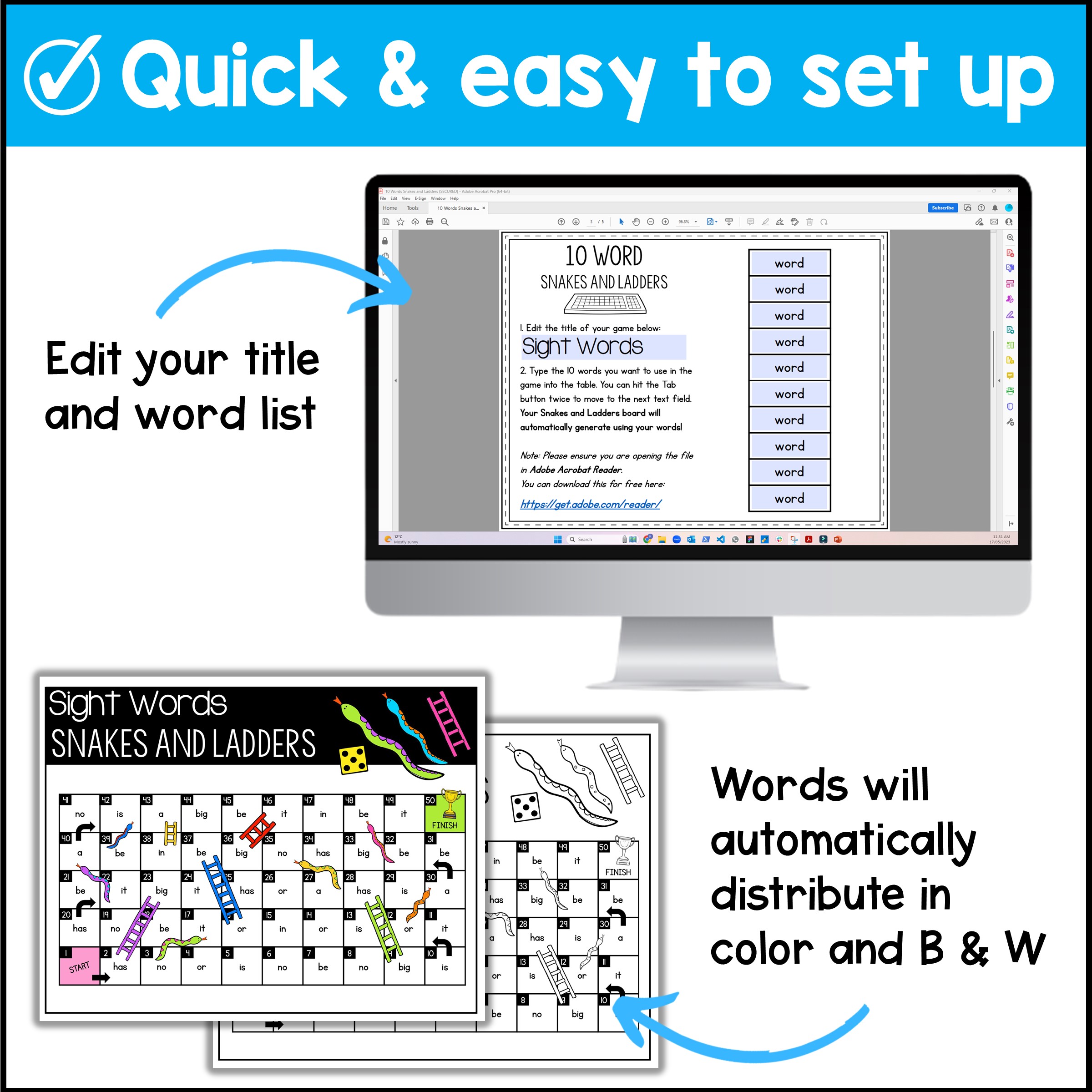 Editable Snakes & Ladders Game Board Sight Words & Phonics Game for