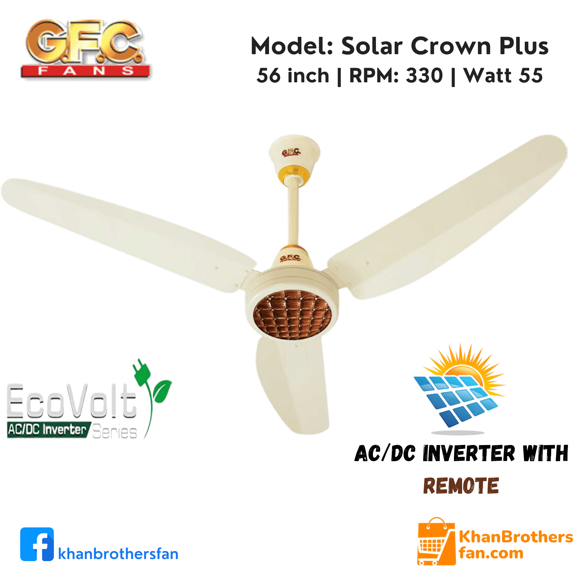 GFC AC/DC Inverter Ceiling fan for SOLAR with REMOTE Control, RPM 330
