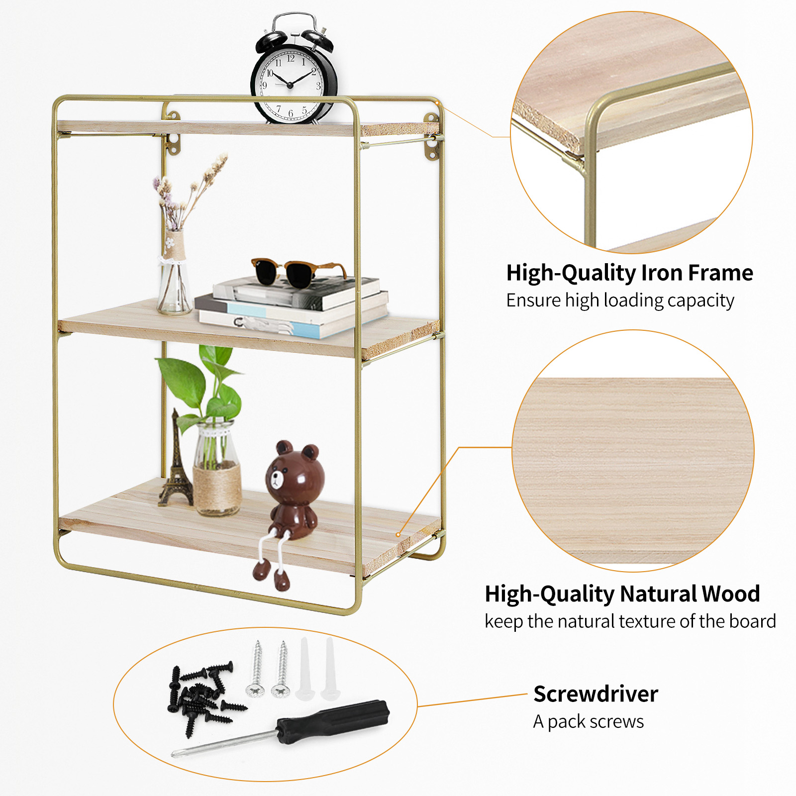 Generic Three layers of rusted gold wall shelving, wall hanging, modern