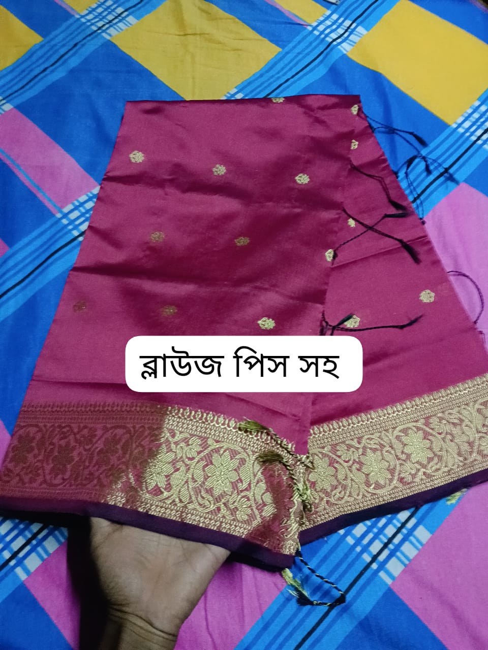 Maroon colour tangail half silk Nokshi paire Saree with blouse piece