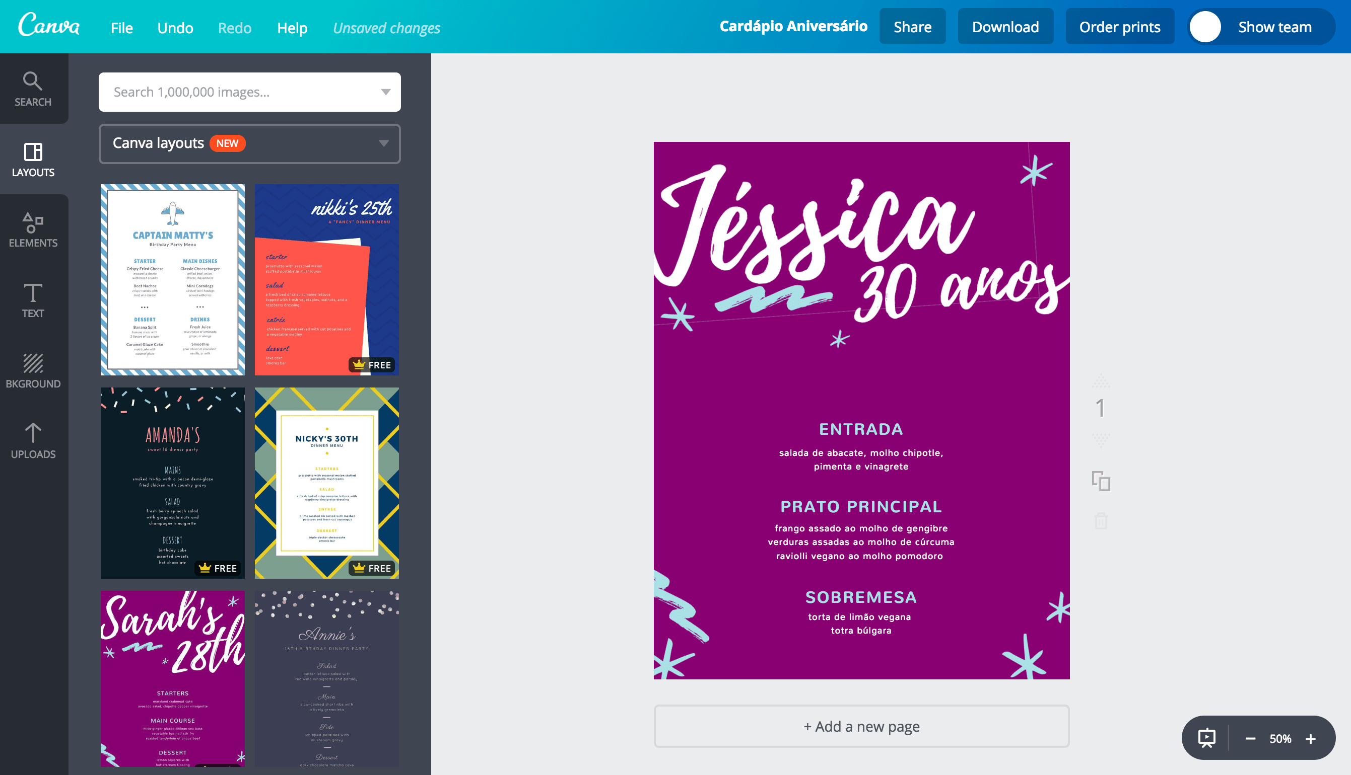 Design o cardápio do seu almoço de aniversário online Canva