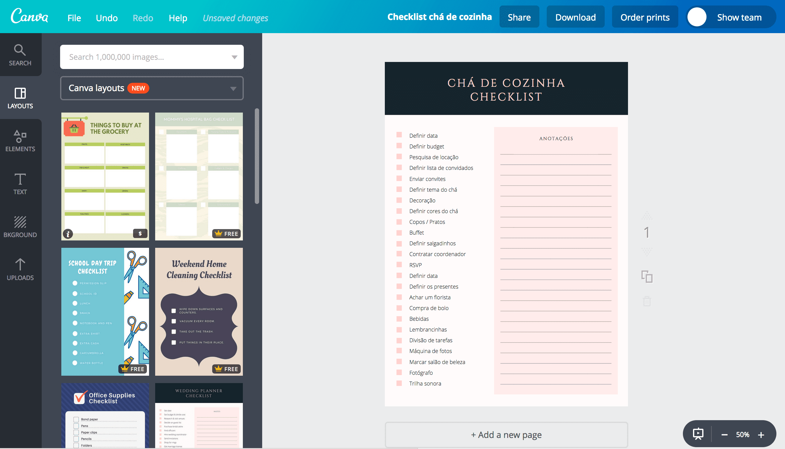 Criar lista para chá de cozinha online Canva