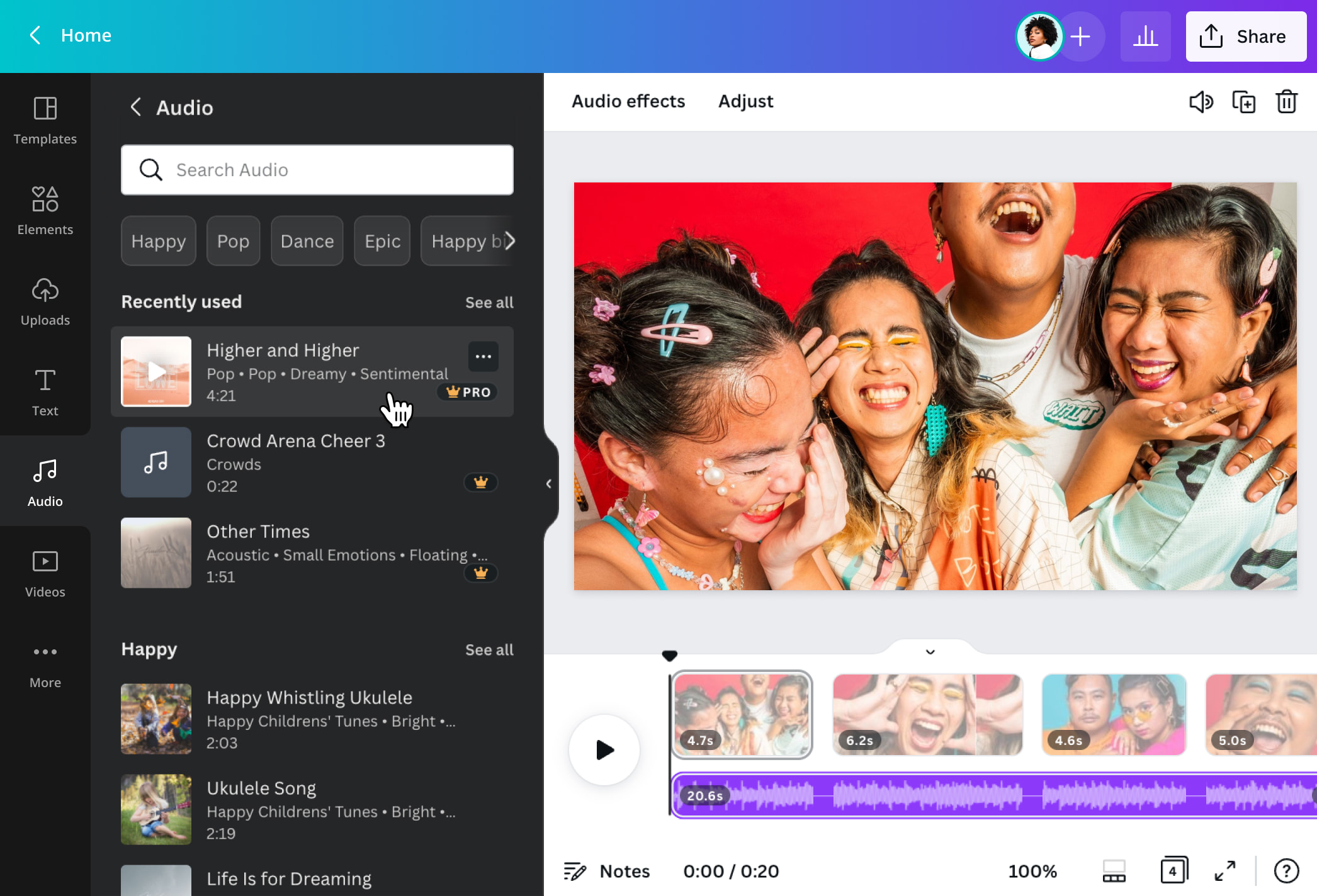 Añadir música a un vídeo gratis Canva