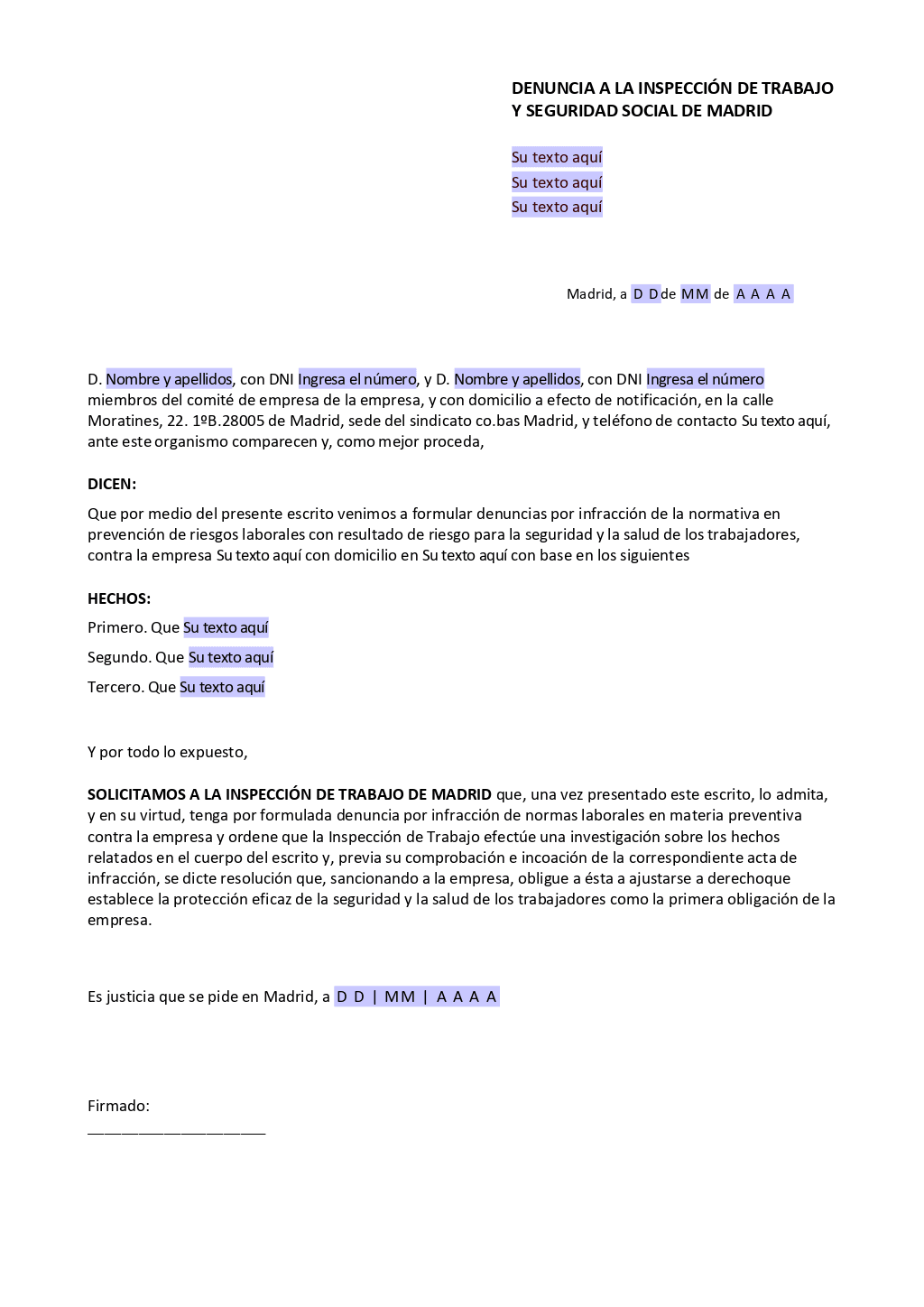 Modelo Denuncia ante la Inspección de Trabajo ONLYOFFICE