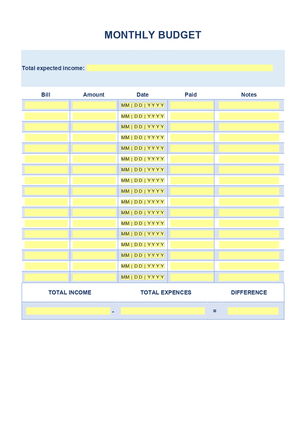 Simple Monthly Budget Template