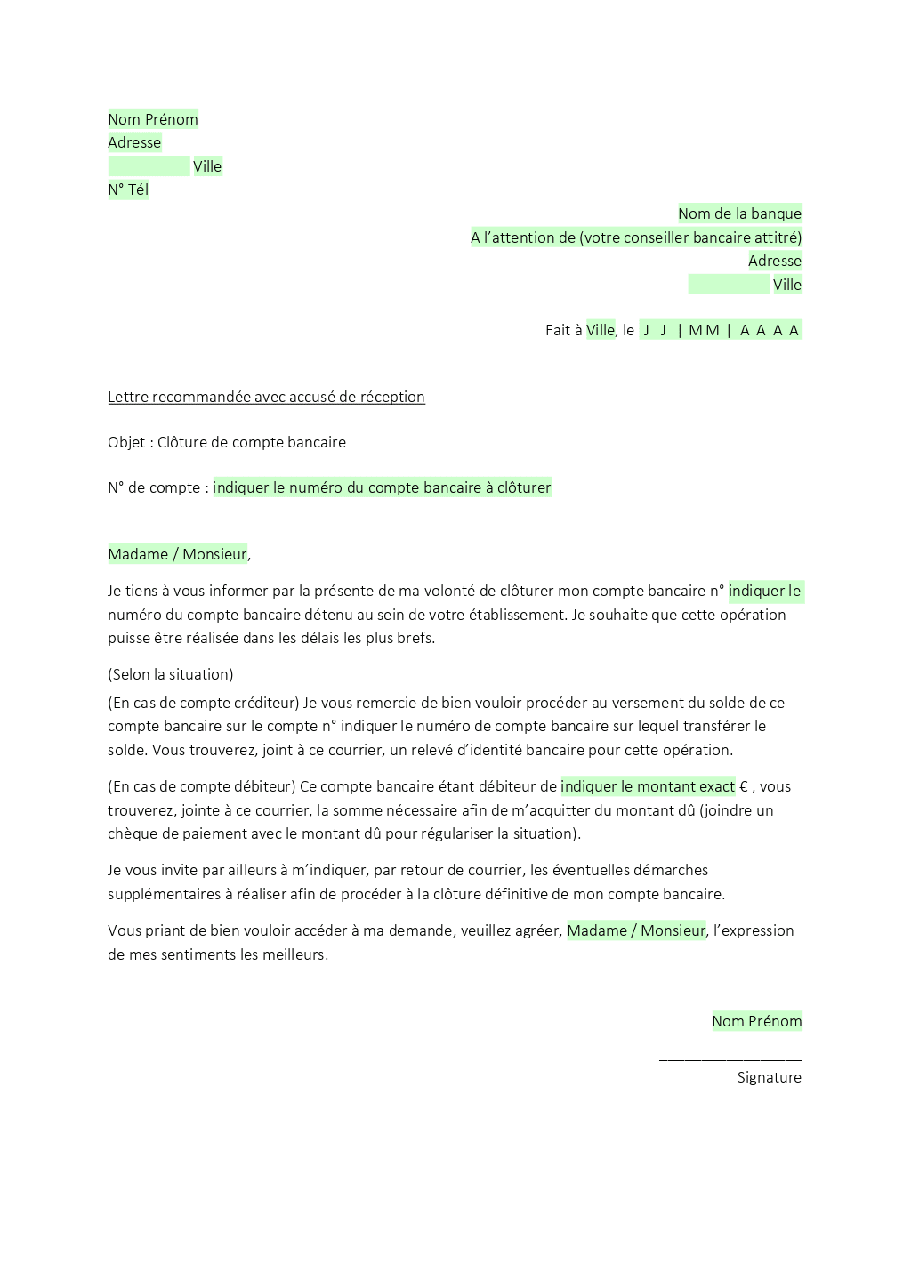 Modèle lettre de clôture de compte ONLYOFFICE