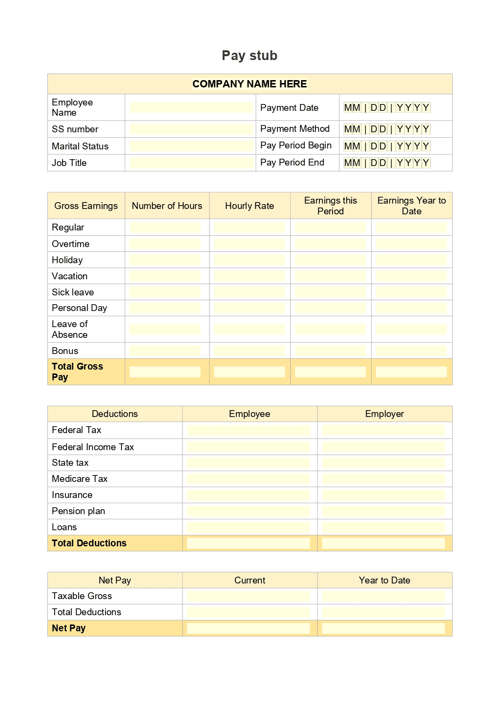 Fillable pay stub form