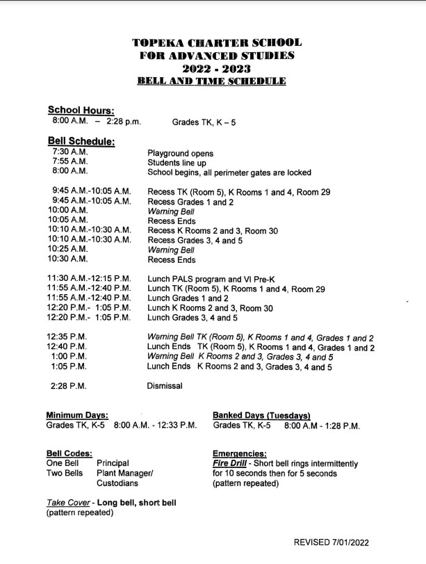 Bell Schedule Our School Topeka Drive Charter School for Advanced