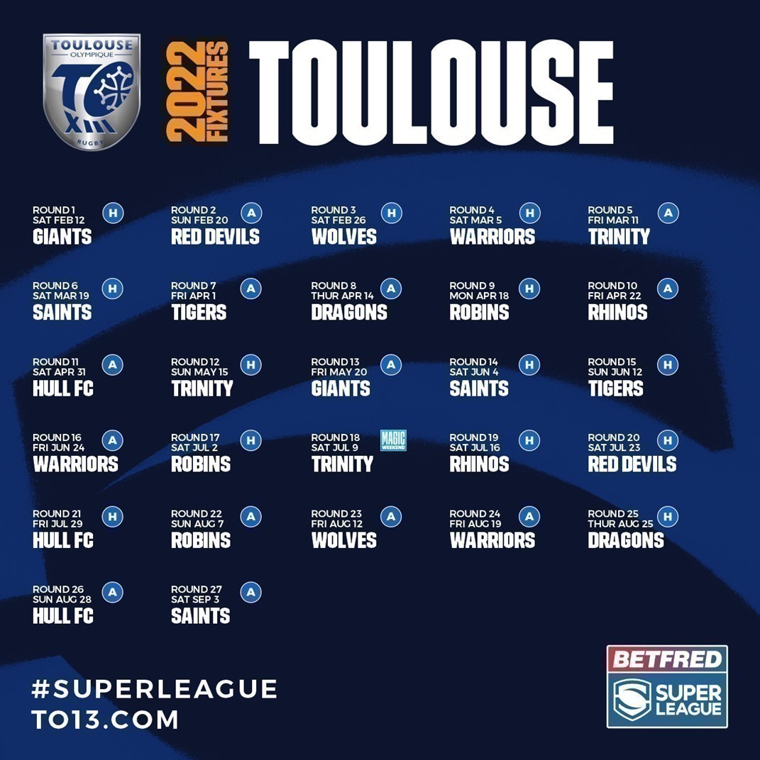 Rugby Union. Discover the schedule for Toulouse Olympique for its first