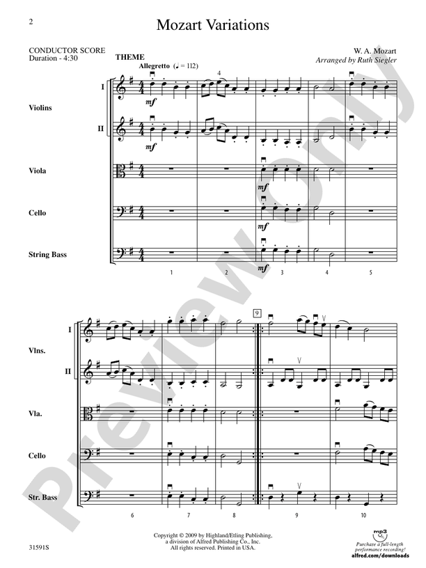 Mozart Variations String Orchestra Conductor Score & Parts Wolfgang Amadeus Mozart Digital