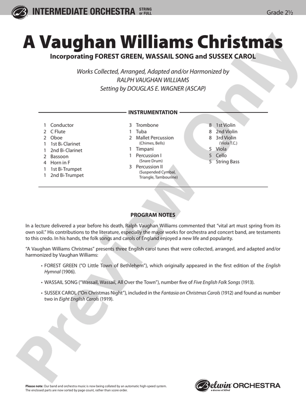 A Vaughan Williams Christmas Full Orchestra Conductor Score & Parts