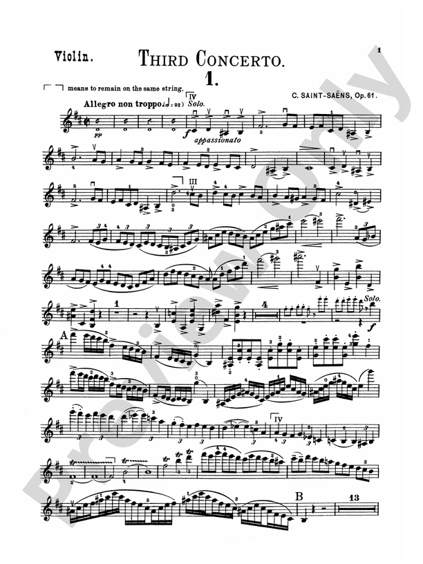 SaintSaëns Violin Concerto No. 3 in B Minor, Op. 61 Violin Book