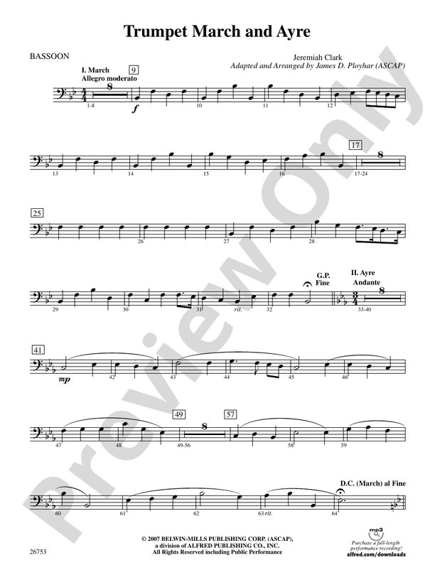 Trumpet March and Ayre Bassoon Bassoon Part Digital Sheet Music