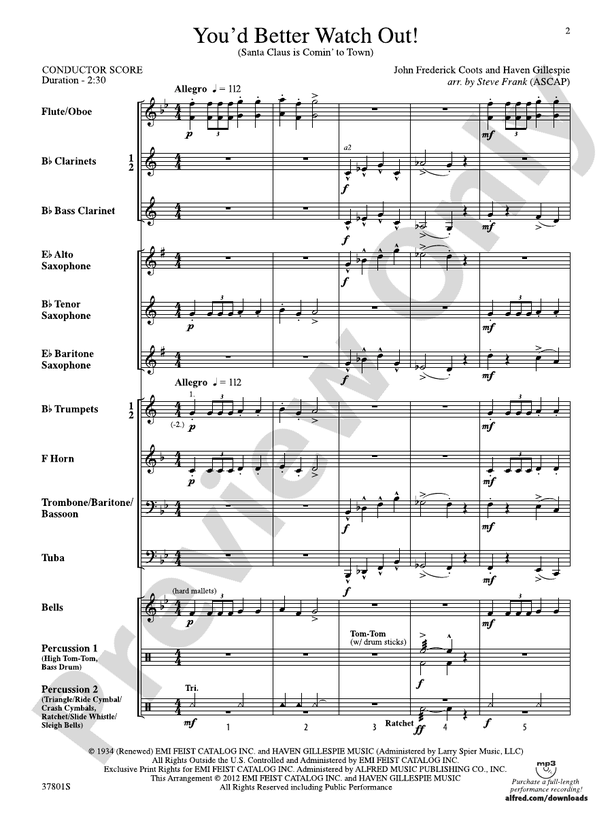 You'd Better Watch Out! Concert Band Conductor Score & Parts John
