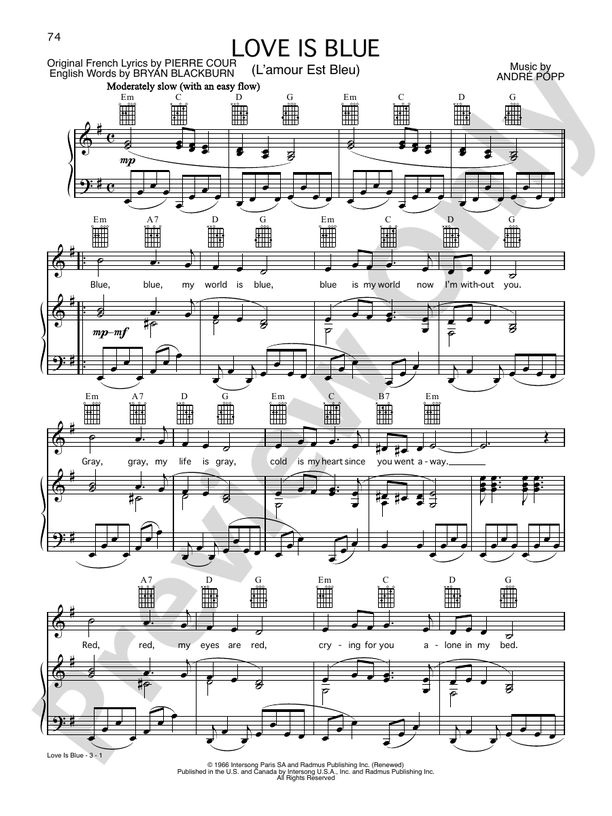 Love Is Blue Piano/Vocal/Chords Andre Popp Digital Sheet Music Download