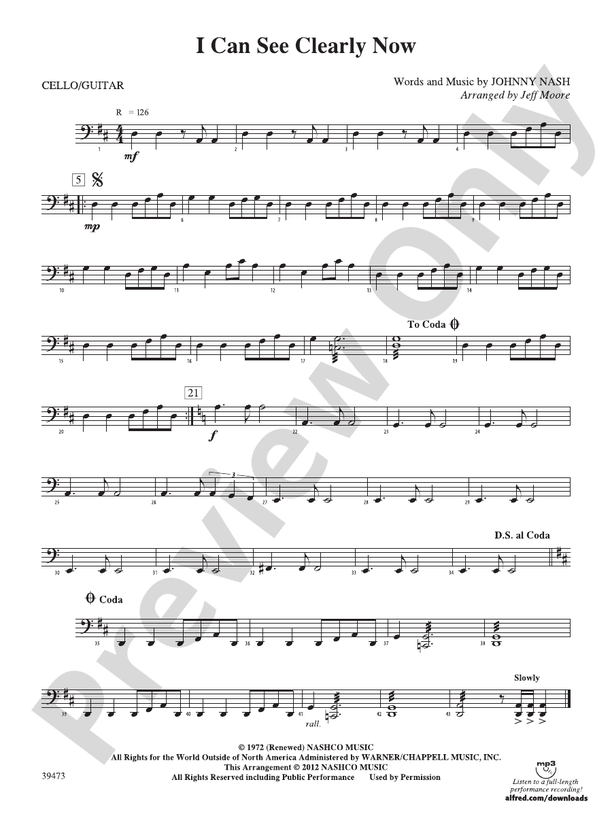 I Can See Clearly Now Cello Cello Part Digital Sheet Music Download