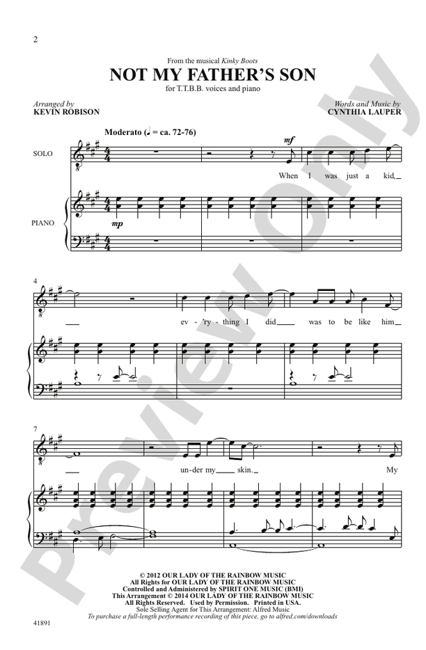 Not My Father's Son TTBB Choral Octavo Cynthia Lauper Digital Sheet