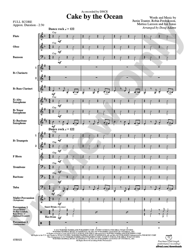 Cake by the Ocean Concert Band Conductor Score & Parts DNCE Digital