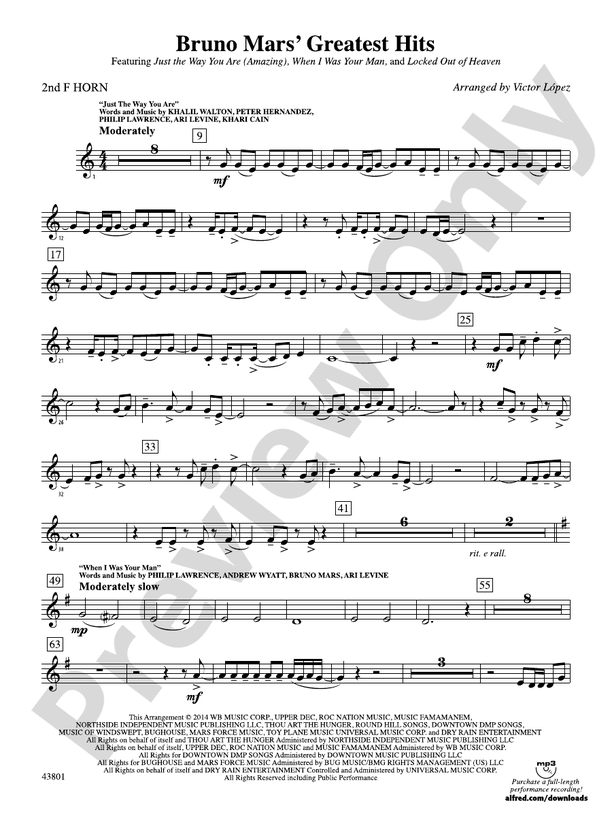 Bruno Mars' Greatest Hits 2nd F Horn 2nd F Horn Part Digital Sheet