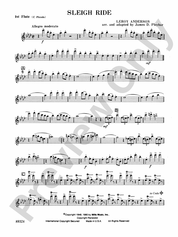 Sleigh Ride Flute Flute Part Digital Sheet Music Download