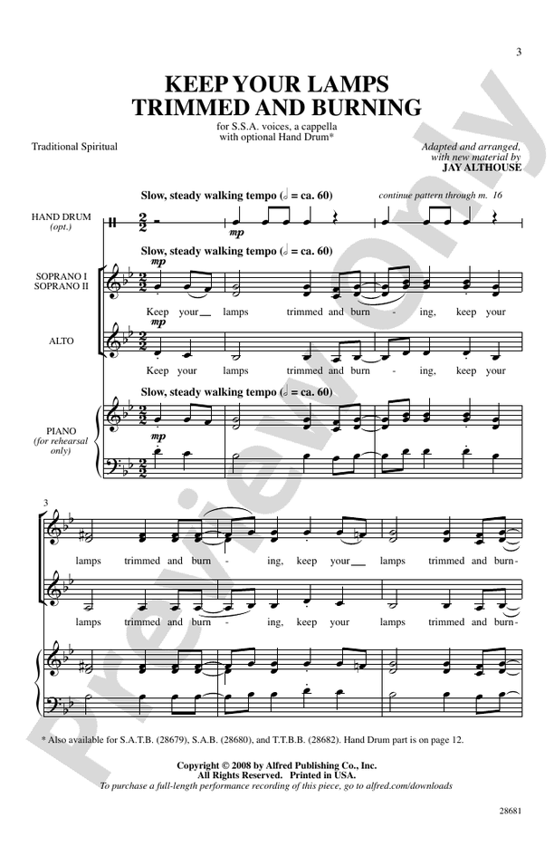 Keep Your Lamps Trimmed and Burning SSA, a cappella Choral Octavo