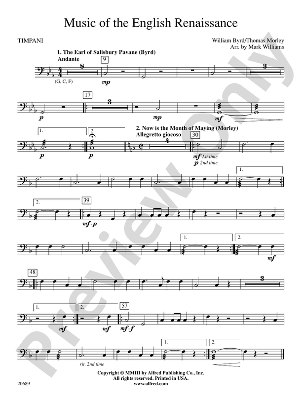 Music of the English Renaissance Timpani Timpani Part Digital Sheet