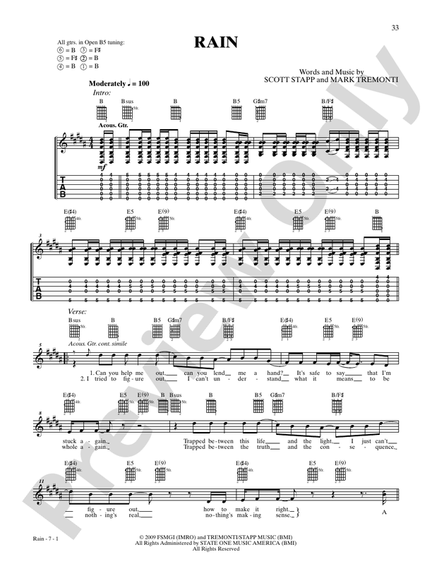 Rain Guitar Creed Digital Sheet Music Download