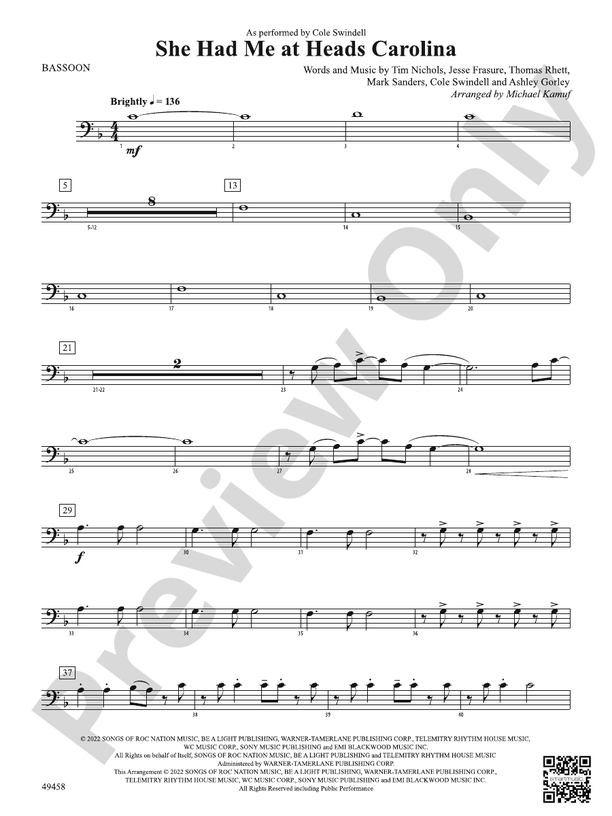 She Had Me at Heads Carolina Bassoon Bassoon Part Digital Sheet Music Download