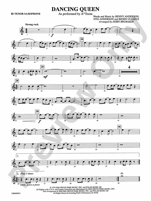 Dancing Queen Bflat Tenor Saxophone Bflat Tenor Saxophone Part