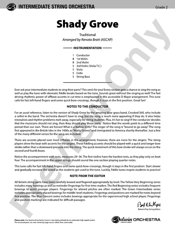 Shady Grove String Orchestra Conductor Score & Parts Digital Sheet Music Download
