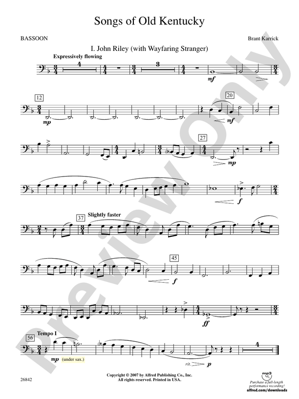 Songs of Old Kentucky Bassoon Bassoon Part Digital Sheet Music Download