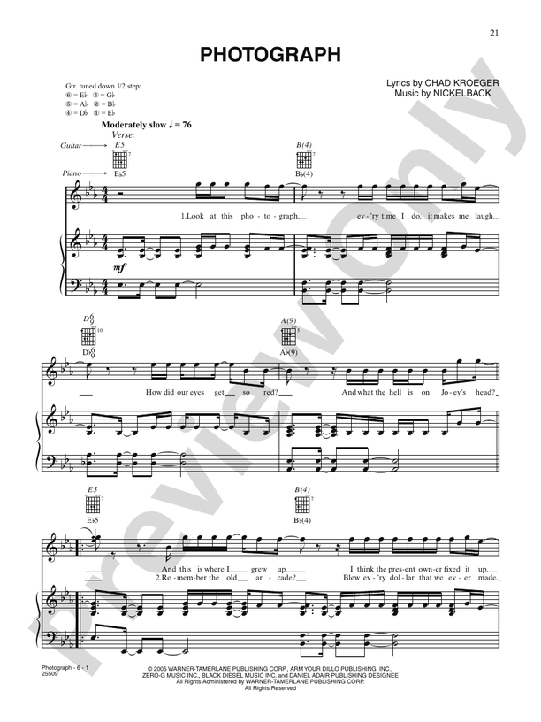 Photograph Piano/Vocal/Chords Nickelback Digital Sheet Music Download