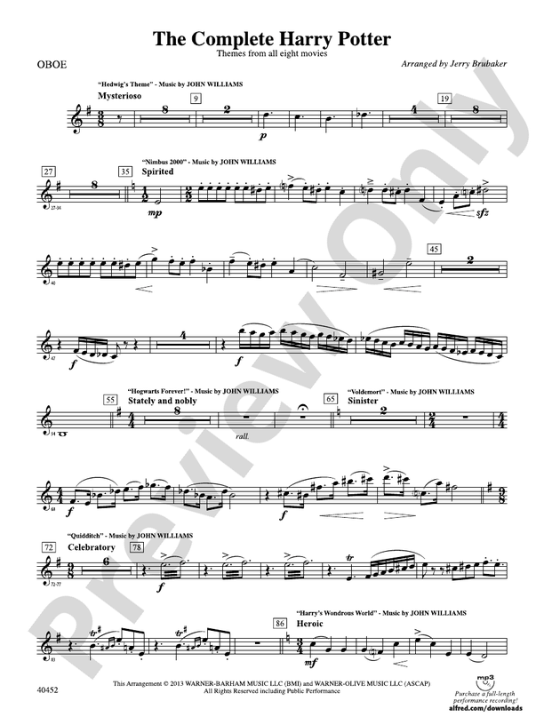 The Complete Harry Potter Oboe Oboe Part Digital Sheet Music Download