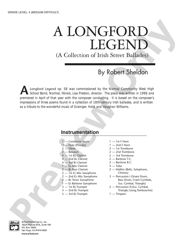 A Longford Legend Concert Band Conductor Score & Parts Robert Sheldon