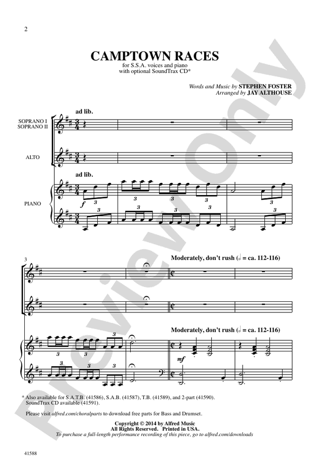 Camptown Races SSA Choral Octavo Stephen Foster Digital Sheet Music