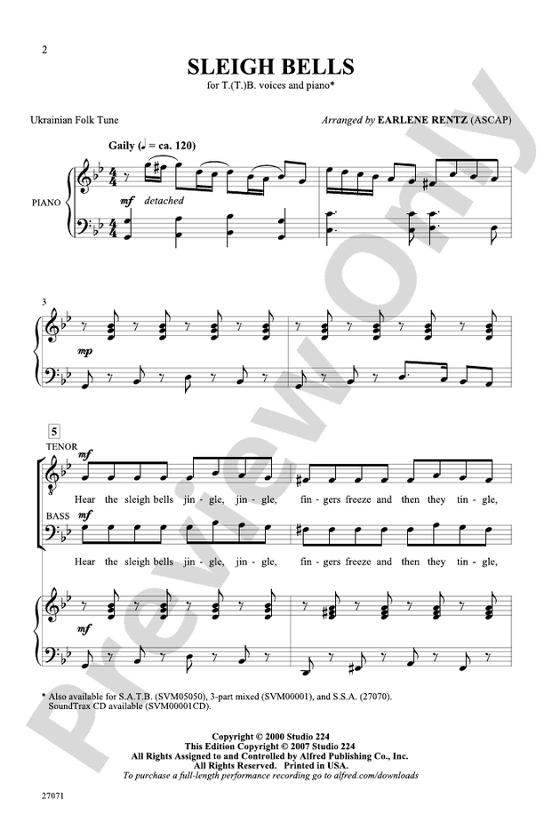 Sleigh Bells T(T)B Choral Octavo Digital Sheet Music Download