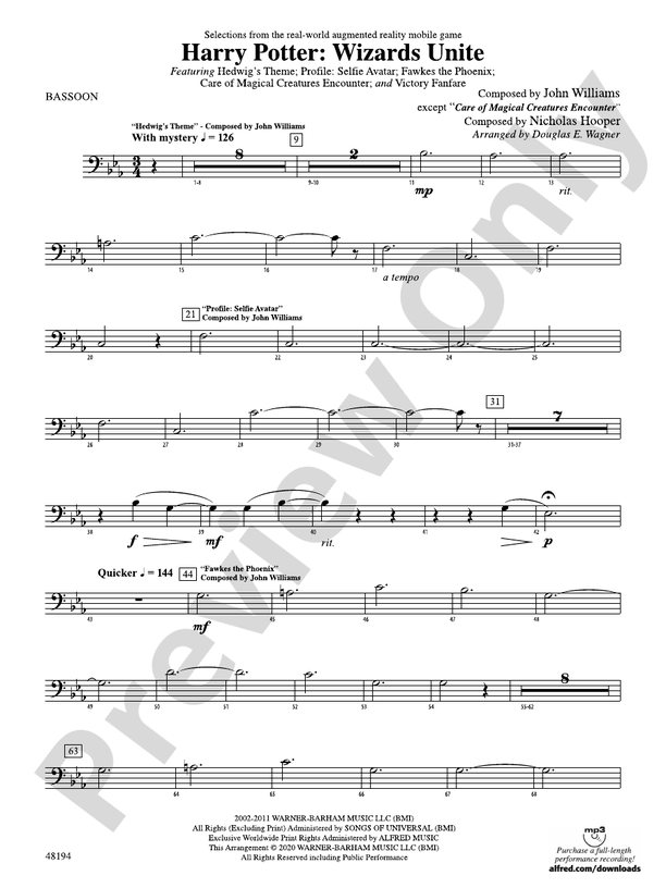Harry Potter Wizards Unite Bassoon Bassoon Part Digital Sheet