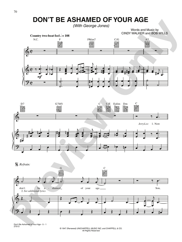 Don't Be Ashamed Of Your Age Piano/Vocal/Chords Jerry Lee Lewis
